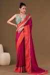 Buy_AFFROZ_Pink Dola Silk Embellished Pearls V Neck And Cowrie Saree With Blouse _at_Aza_Fashions