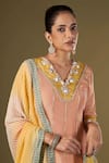 Buy_AFFROZ_Peach Tissue Silk Embellished Pearls Cowrie Shells Embroidered Anarkali Pant Set 