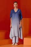 Devnaagri_Blue Cotton Silk Satin And Shantoon Work Ombre Kaftan & Palazzo Set _Online_at_Aza_Fashions