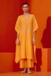 Devnaagri_Orange Silk Chanderi Embroiderd Patra Notched Neck Kaftan And Pant Set _Online_at_Aza_Fashions