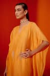 Buy_Devnaagri_Orange Silk Chanderi Embroiderd Patra Notched Neck Kaftan And Pant Set _Online_at_Aza_Fashions