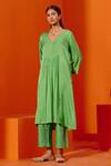 Devnaagri_Green Silk Chanderi Embroiderd Patra V Neck Gathered Kurta Palazzo Set _Online_at_Aza_Fashions