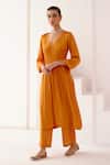Buy_Devnaagri_Orange Silk Chanderi Gathered Kurta Set With Block Print Scarf _Online_at_Aza_Fashions