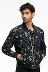 Buy Terra Luna Black Cotton Embroidery Berghain Ecofoil Sparkle Print Bomber Jacket Online at Aza Fashions Buy_Terra Luna_Black Cotton Embroidery Berghain Ecofoil Sparkle Print Bomber Jacket _Online_at_Aza_Fashions