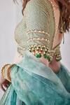 Buy_Cedar & Pine_Green Organza Sequins, Embroidery V-neck Abstract Print Lehenga Set _Online_at_Aza_Fashions