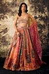 Buy_Cedar & Pine_Multi Color Organza Floral Foil Print Block Lehenga Blouse Set  _at_Aza_Fashions