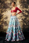 Cedar & Pine_Blue Georgette, Silk, Organza Bohemian Chevron Pattern Lehenga Blouse Set_Online_at_Aza_Fashions