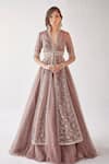 Buy_Cedar & Pine_Wine Organza Embroidered Hand Machine And Tulle Lehenga Jacket Set  _at_Aza_Fashions