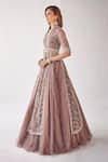 Cedar & Pine_Wine Organza Embroidered Hand Machine Collared V And Tulle Lehenga Jacket Set _Online_at_Aza_Fashions