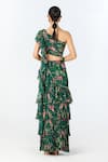 Shop_Limerick By Abirr N' Nanki_Green Georgette Printed Nara Ruffle Pre-draped Saree With Blouse  _at_Aza_Fashions