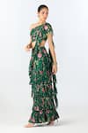 Limerick By Abirr N' Nanki_Green Georgette Printed Nara Ruffle Pre-draped Saree With Blouse  _Online_at_Aza_Fashions