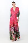 Limerick by Abirr N' Nanki_Fuchsia Georgette Printed Floral Deep V Neck Oryn Draped Jumpsuit  _Online_at_Aza_Fashions