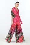 Shop_Limerick by Abirr N' Nanki_Fuchsia Georgette Printed Floral Deep V Neck Oryn Draped Jumpsuit  _Online_at_Aza_Fashions