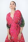 Limerick by Abirr N' Nanki_Fuchsia Georgette Printed Floral Deep V Neck Oryn Draped Jumpsuit  _at_Aza_Fashions