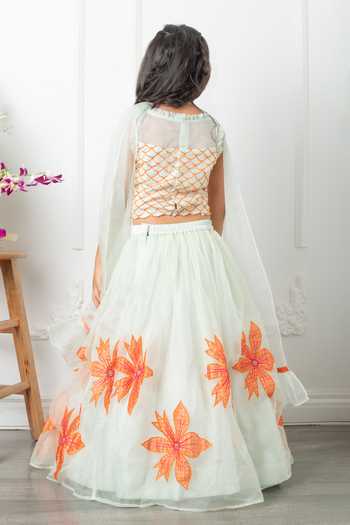 Shop_Kirti Agarwal - Pret N Couture_Green Organza, Silk, Linen Embroidery Bloom Lehenga Blouse Set _at_Aza_Fashions