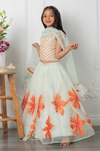 Kirti Agarwal - Pret N Couture_Green Organza, Silk, Linen Embroidery Bloom Lehenga Blouse Set _Online_at_Aza_Fashions