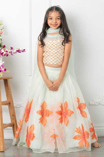 Shop_Kirti Agarwal - Pret N Couture_Green Organza, Silk, Linen Embroidery Bloom Lehenga Blouse Set _Online_at_Aza_Fashions