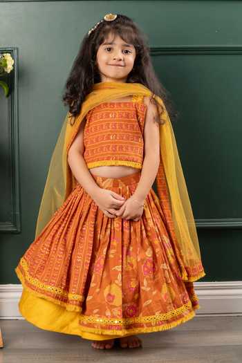 Buy_Kirti Agarwal - Pret N Couture_Brown Net, Cotton, Linen Embroidery, Fringe, Flowery Print Lehenga Blouse Set _at_Aza_Fashions