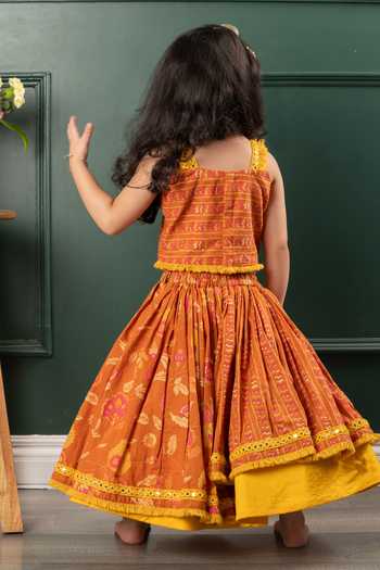 Shop_Kirti Agarwal - Pret N Couture_Brown Net, Cotton, Linen Embroidery, Fringe, Flowery Print Lehenga Blouse Set _at_Aza_Fashions