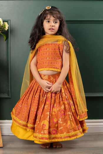 Buy_Kirti Agarwal - Pret N Couture_Brown Net, Cotton, Linen Embroidery, Fringe, Flowery Print Lehenga Blouse Set _Online_at_Aza_Fashions