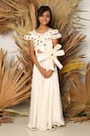 Kirti Agarwal - Pret N Couture_Off White Satin, Organza, Cotton Sequins Side Bow Embellished Jumpsuit _at_Aza_Fashions