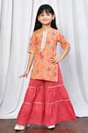 Buy_Samyukta Singhania_Peach Cotton Printed Floral Short Kurta And Sharara Set _at_Aza_Fashions