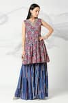 Buy_Adamantia_Blue Muslin Silk Printed Patola Stripe Peplum Kurta And Sharara Set  _at_Aza_Fashions