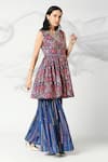 Adamantia_Blue Muslin Silk Printed Patola Stripe Peplum Kurta And Sharara Set  _Online_at_Aza_Fashions