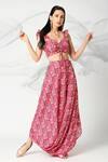 Buy_Adamantia_Red Muslin Silk Printed Floral Sweetheart Neck Top And Draped Skirt Set _at_Aza_Fashions