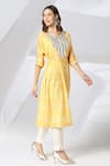 Adamantia_Yellow Muslin Silk Printed And Hand Embroidered Kaftan & Pant Set  _Online_at_Aza_Fashions