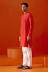 Devnaagri_Red Chanderi And Cotton Blend Placement Kurta With Pant _Online_at_Aza_Fashions