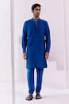 Devnaagri_Blue Cotton Silk Blend Plain Pintuck Pattern Kurta With Churidar _Online_at_Aza_Fashions