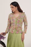 Shop_Hirika&Dhruti_Green Silk Chanderi Embroidery Bloom Jacket Blouse With Lehenga _at_Aza_Fashions