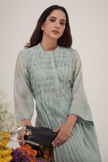 Shop_Hirika & Dhruti_Blue Chanderi, Cotton Pearls Round Neck Smocked Yoke Kurta With Pant _at_Aza_Fashions