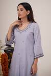 Shop Hirika & Dhruti Blue Cotton Pearls, Sequins V-neck Embellished Kurta With Pant at Aza Fashions Shop_Hirika & Dhruti_Blue Cotton Pearls, Sequins V-neck Embellished Kurta With Pant _at_Aza_Fashions
