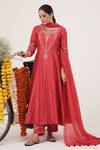Buy_Hirika & Dhruti_Red Silk, Chanderi, Cotton, Organza Zari Round Zardosi Work Anarkali Pant Set _at_Aza_Fashions