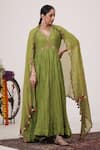 Buy_Hirika&Dhruti_Green Anarkali Malai Chanderi Embroidered Pleated With Dupatta  _at_Aza_Fashions