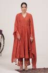Buy_Hirika&Dhruti_Orange Malai Chanderi Embroidered Metal Tikki V Neck Anarkali Pant Set _at_Aza_Fashions