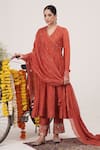 Shop_Hirika&Dhruti_Orange Malai Chanderi Embroidered Metal Tikki V Neck Anarkali Pant Set _at_Aza_Fashions