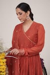 Hirika&Dhruti_Orange Malai Chanderi Embroidered Metal Tikki V Neck Anarkali Pant Set _Online_at_Aza_Fashions