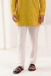 Shop_Devnaagri_Yellow Cotton Silk Blend Embroidery Dori Tonal Kurta With Pant _Online_at_Aza_Fashions