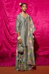 Buy_Chrkha_Grey Chanderi Silk Printed Floral Shawl Collar Embroidered Kurta Sharara Set _Online_at_Aza_Fashions