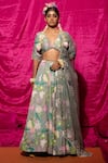 Buy_Chrkha_Grey Chanderi Silk Printed Floral Plunge V Neck Lehenga Set _at_Aza_Fashions