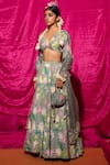 Buy_Chrkha_Grey Chanderi Silk Printed Floral Plunge V Neck Lehenga Set _Online_at_Aza_Fashions