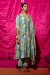 Shop_Chrkha_Green Chanderi Silk, Cotton Embroidery, Pearls V-neck Flower Print Kurta Set _Online_at_Aza_Fashions