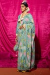 Chrkha_Green Chanderi Silk, Linen Pearls Printed Saree With Unstitched Blouse Fabric _Online_at_Aza_Fashions