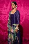 Shop_Chrkha_Purple Cotton, Chanderi Silk Pearls, Peacock Placement Print A-line Kurta Set _Online_at_Aza_Fashions