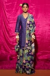 Buy_Chrkha_Purple Chanderi Silk Printed Floral Shawl Collar Sequin Embroidered Kurta Set _at_Aza_Fashions