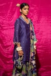 Shop_Chrkha_Purple Chanderi Silk Printed Floral Shawl Collar Sequin Embroidered Kurta Set _Online_at_Aza_Fashions