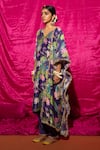 Buy_Chrkha_Purple Chanderi Silk Printed Floral V Neck Botanical Kurta Set _Online_at_Aza_Fashions